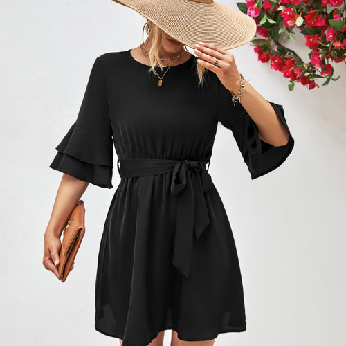 Round Neck Tie Belt Flounce Sleeve Dress