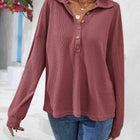 Half Button Collared Neck Long Sleeve Top