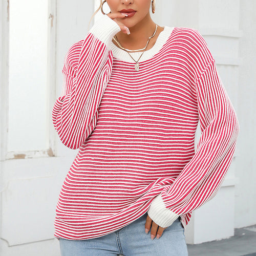Striped Round Neck Long Sleeve Knit Top