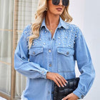 Pearl Detail Pocketed Button Up Denim Jacket