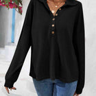 Half Button Collared Neck Long Sleeve Top