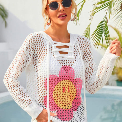 Flower Graphic Lace-Up Openwork Hooded Cover Up
